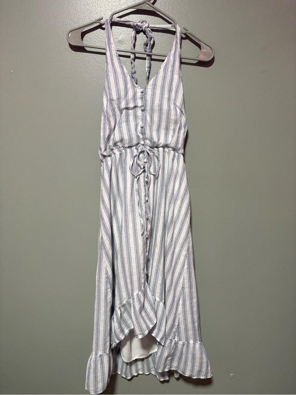 Gilli Blue & White Striped Halter Dress Size Small Open Back Ruffle Hem Sundress